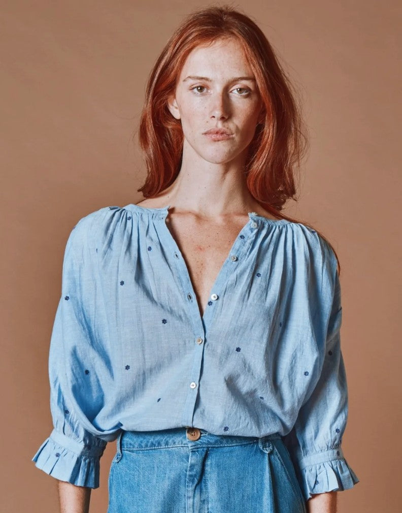 Emile & Ida Blue Floral Embroidered Khadi