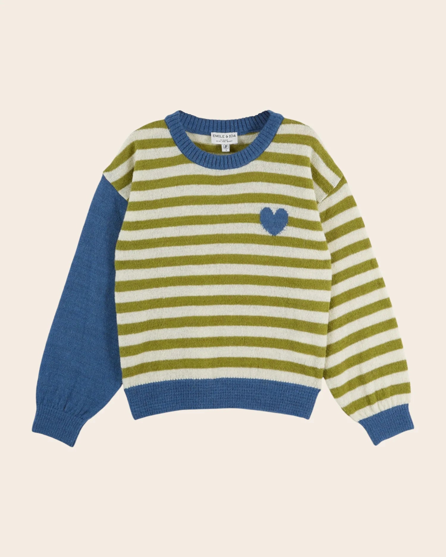 Emile et Ida Green Striped Sweater with Blue Heart