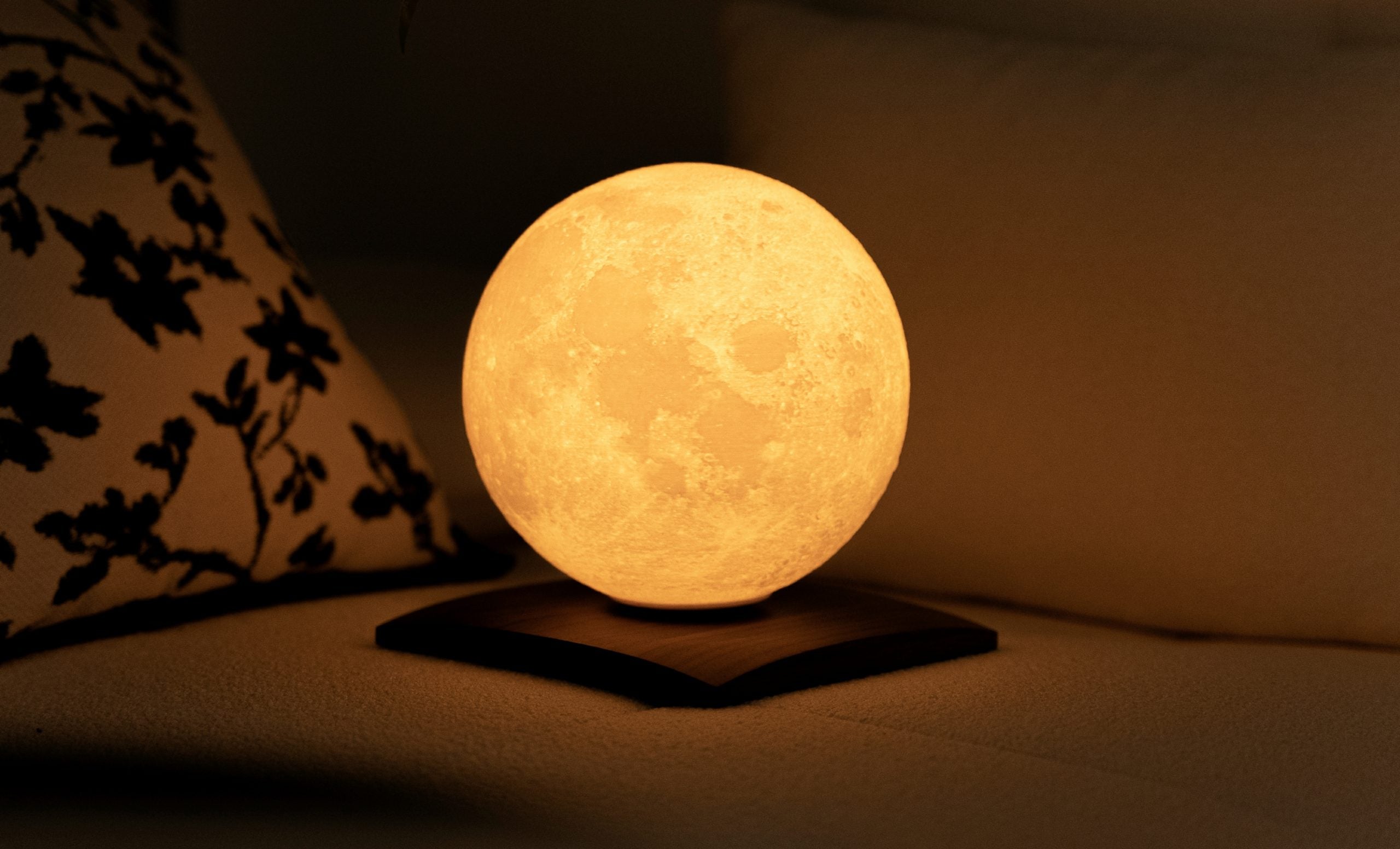 Gingko Smart Lunaspin Lamp with Wooden Walnut Base, LED Lights, Touch Control Button, Remote Control Dimmable Brightness, USB-C Charging
