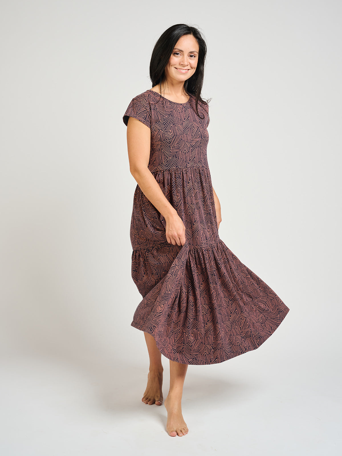 Mata Traders Tiered Jersey Dress Tree Rings Blue