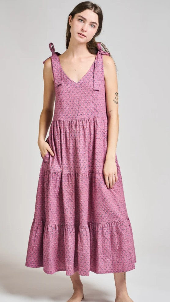 Mata Traders Lorelei Tiered Dress Purple Buds