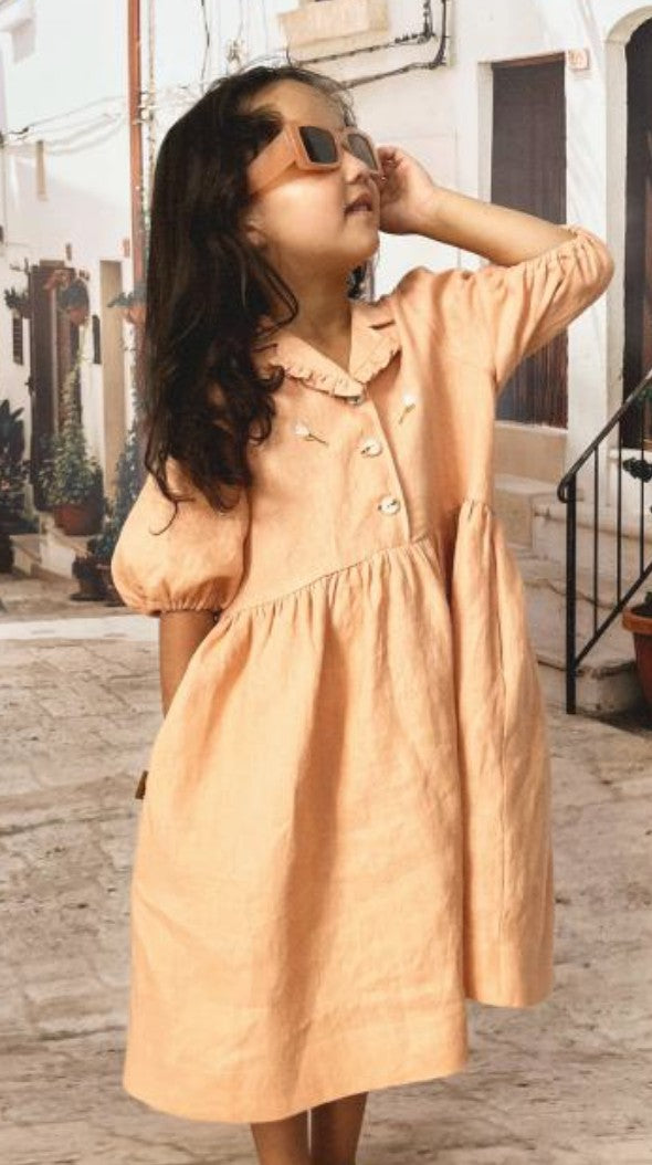 Hebe Peach Flower Linen Dress