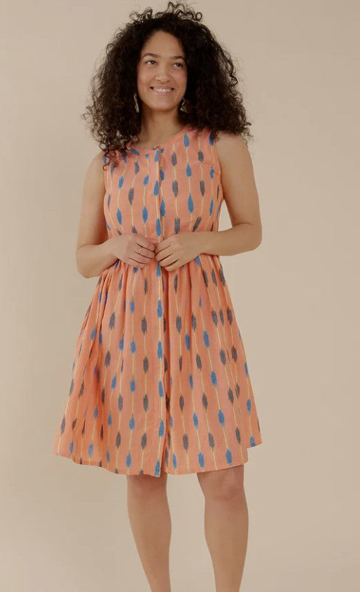 Mata Traders Kerala Placket Dress Peach Ikat