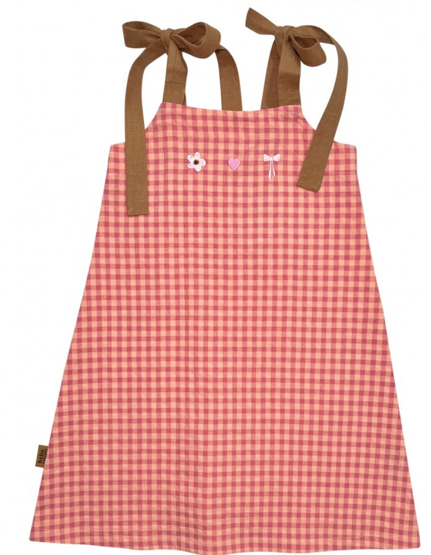 hebe Dress with Embroideries Raspberry Pink Checkers