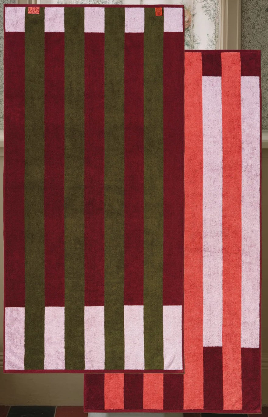 Typical Offset Stripe: Petal Pink, Cabernet Burgundy, Moss Green Bath Towel