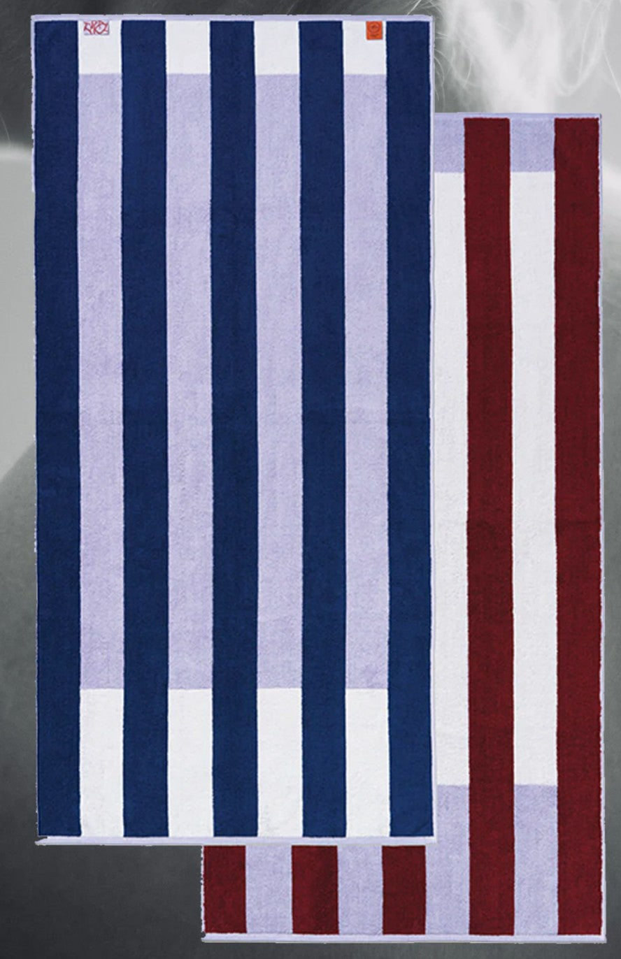 Typical Offset Stripe: Studio Navy, Lilac, Workshop White Bath Towel